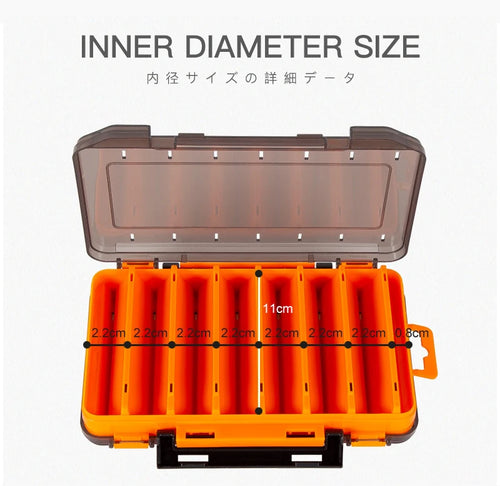 Open double-sided tackle box with transparent lid and orange molded compartments