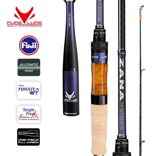 Lure rod with cork grip, black and purple blank, and metal guide rings