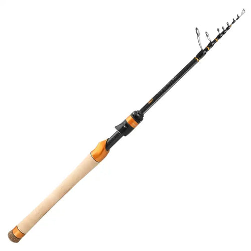 Telescopic fishing rod with cork split handle and orange grip wraps, black shaft