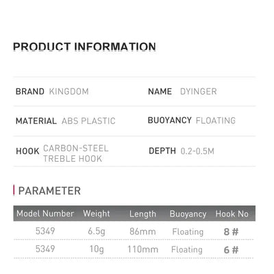 Fishing lure specification chart: floating 86mm 6.5g with 8# treble, 110mm 10g with 6#