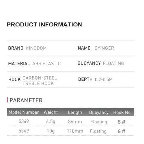 Fishing lure specification chart: floating 86mm 6.5g with 8# treble, 110mm 10g with 6#