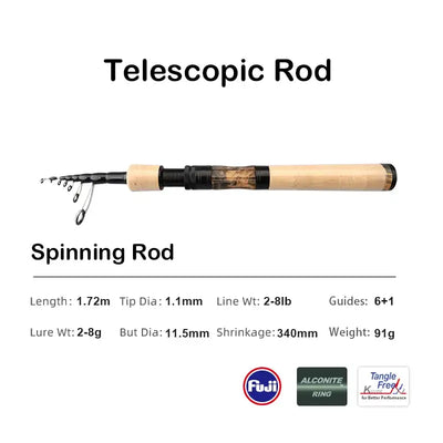 Spinning telescopic fishing rod with black blank and cream reel seat