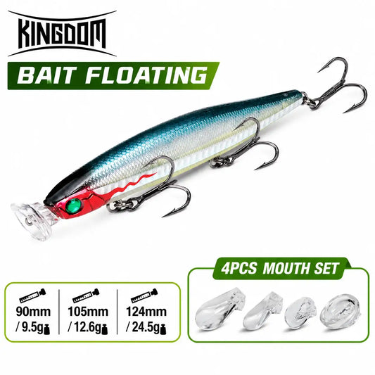 Floating pencil popper minnow lure, blue-silver body with green eye and 3 treble hooks