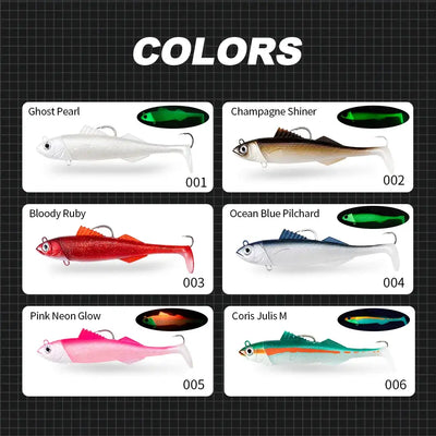 Soft swimbait lure color chart showing six body colors labeled 001–006