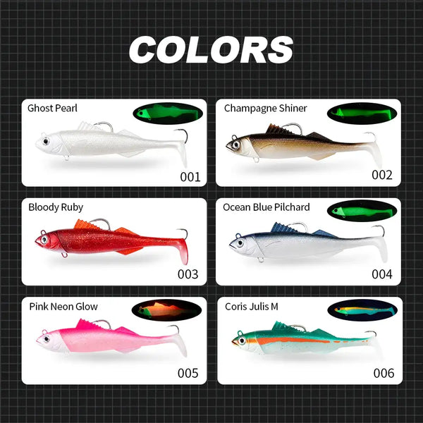 Soft swimbait lure color chart showing six body colors labeled 001–006
