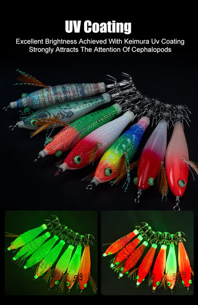 UV-coated squid jigs in assorted colors shown in glowing and normal views