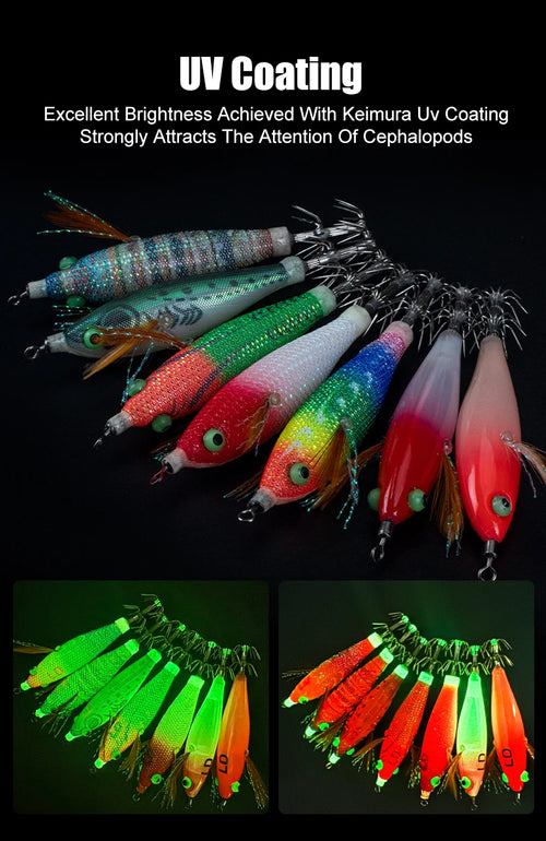 UV-coated squid jigs in assorted colors shown in glowing and normal views