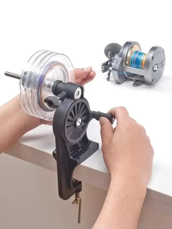 Fishing line winder and spooler with clamp, large line spool, and hand crank mechanism