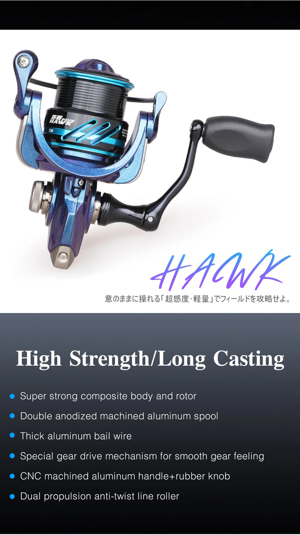 Blue TSURINOYA HAWK spinning reel with black handle and shiny spool