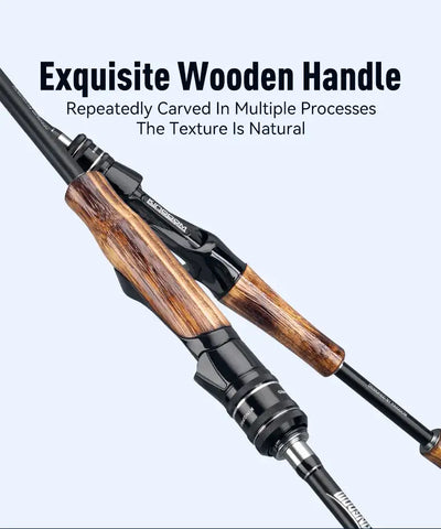 Close-up of fishing rod handle: natural wood grip with black reel seat on carbon shaft