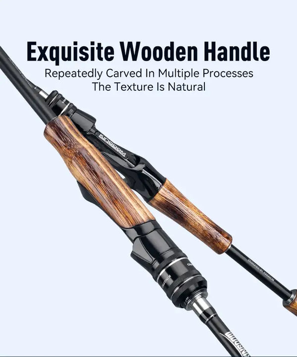 Close-up of fishing rod handle: natural wood grip with black reel seat on carbon shaft