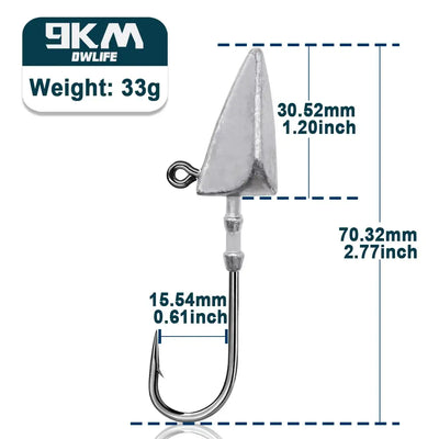 33g triangle jig head long hook, silver head with black curved barbed hook size