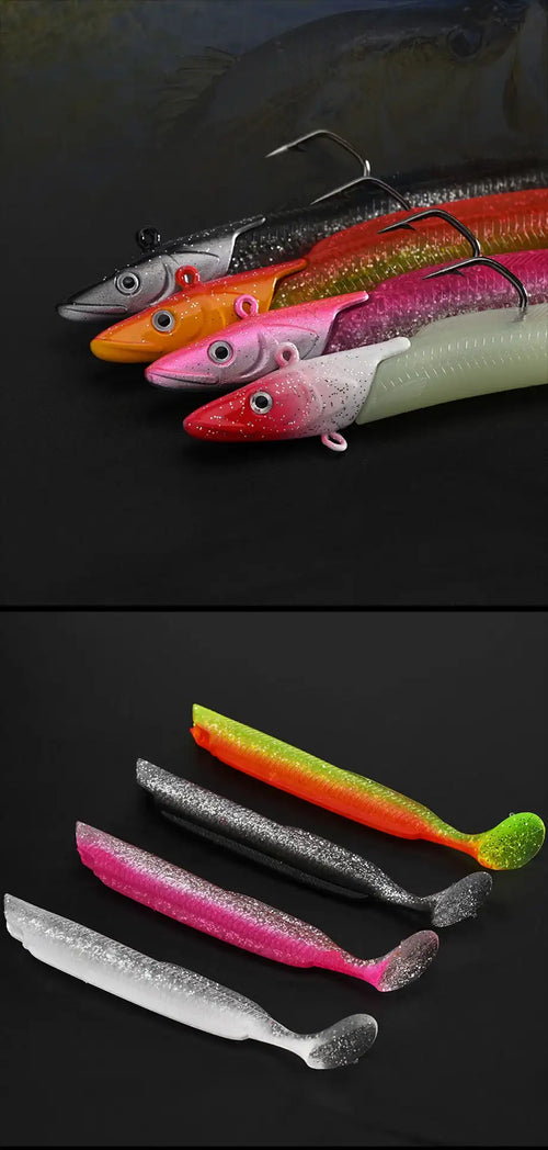 Colorful soft paddle tail lure set with treble hooks: red, pink, orange, green, gray.