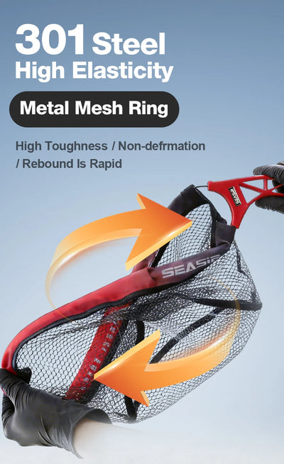 Fishing net with black mesh and red frame, metal mesh ring for fast rebound