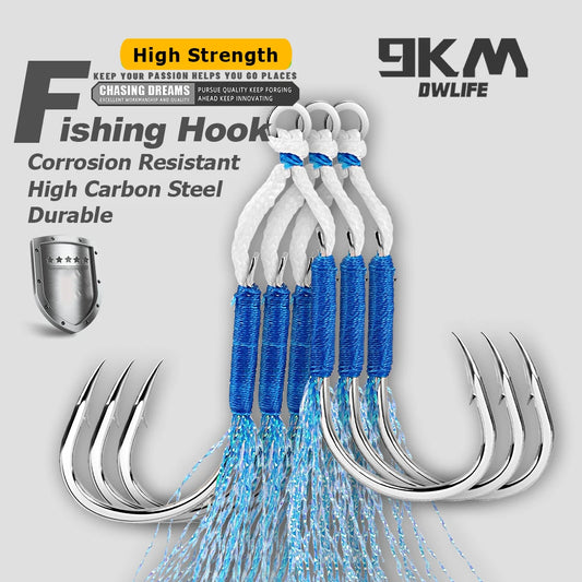 Assist fishing hook set with multiple blue feather strands and curved metal hooks