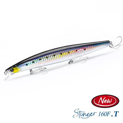 Floating minnow hard body lure, dark top with rainbow scales and silver belly