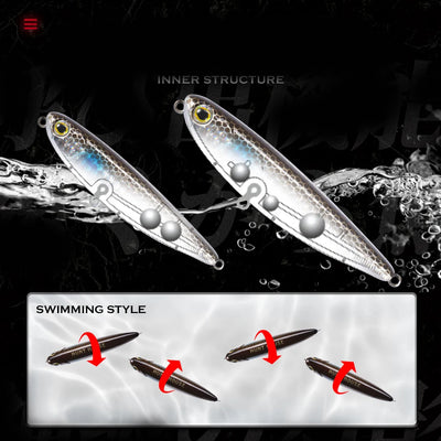 Metallic silver-blue pencil fishing lures with round eyes and treble hooks (2)