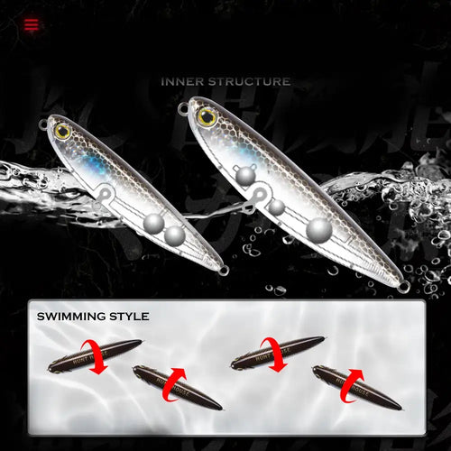 Metallic silver-blue pencil fishing lures with round eyes and treble hooks (2)