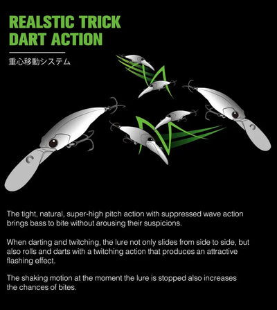 Suspending minnow lure set diagram, white lures with green darts, multiple treble hooks