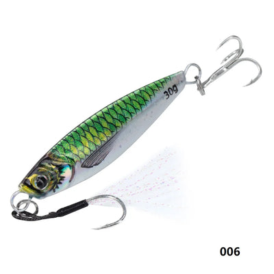 Metal jig fishing lure in green-yellow scale pattern with two treble hooks.