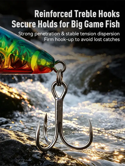 Topwater popper lure with reinforced chrome treble hooks on green-and-orange body