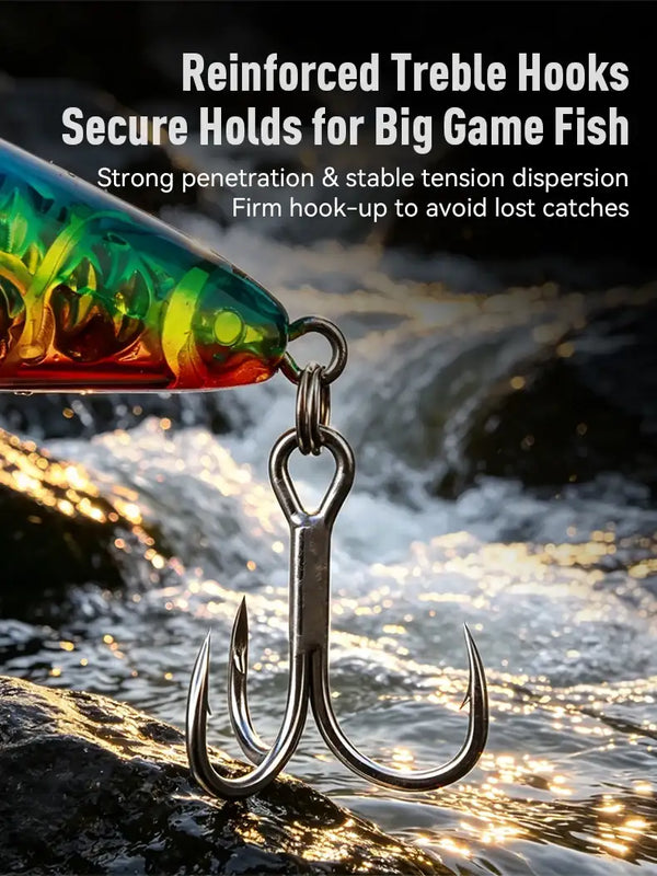 Topwater popper lure with reinforced chrome treble hooks on green-and-orange body