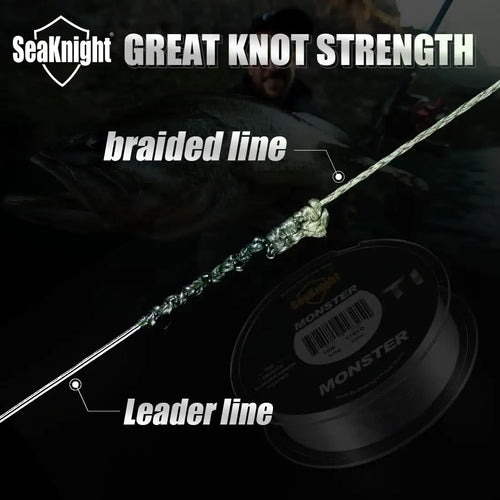 Braided fishing line with leader line and knot strength graphic.