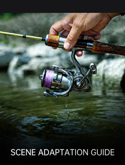 Spinning fishing reel on rod with hand on handle near water surface
