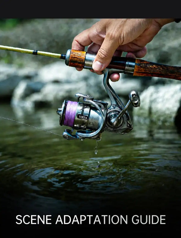 Spinning fishing reel on rod with hand on handle near water surface