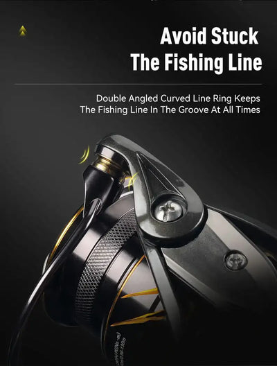 Black and gold spinning reel bail with line guide for smooth line lay