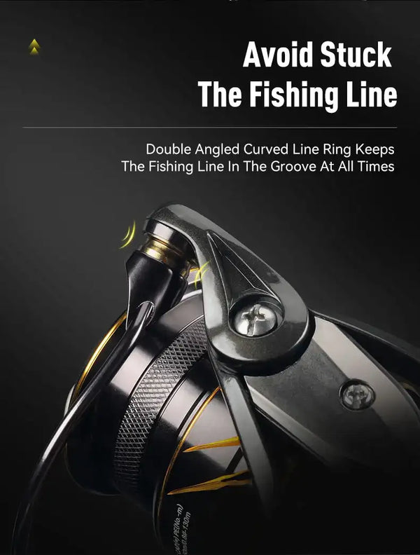 Black and gold spinning reel bail with line guide for smooth line lay