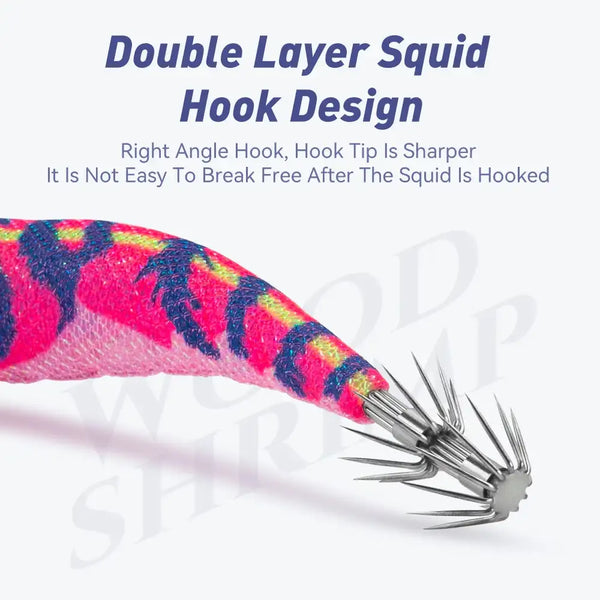 Close-up pink and blue squid jig head with sharp silver tentacle hooks and barbs