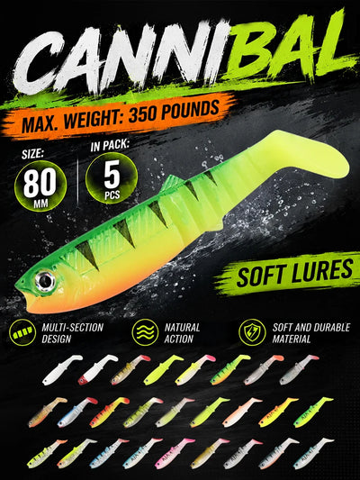 Neon chartreuse paddle tail swimbait with dark dorsal markings and round eye.