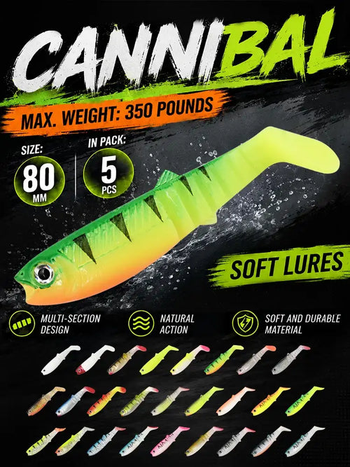 Neon chartreuse paddle tail swimbait with dark dorsal markings and round eye.