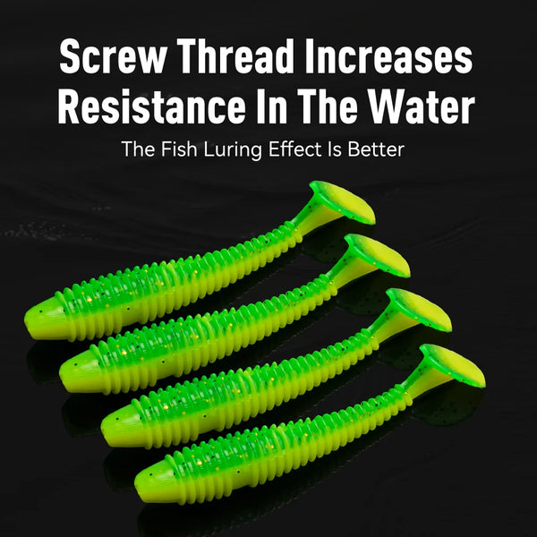 Neon green T-tail soft plastic fishing lure set with three forked fin tails