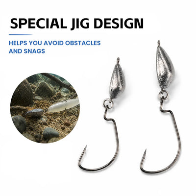 Jig lead weedless fishing hooks set, two silver lead heads with long curved hooks