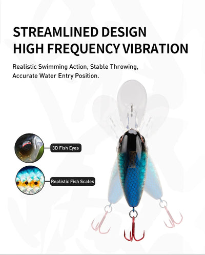 Swim crankbait with 3D fish eyes, realistic scales, and treble hook set