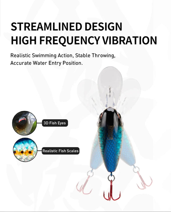 Swim crankbait with 3D fish eyes, realistic scales, and treble hook set