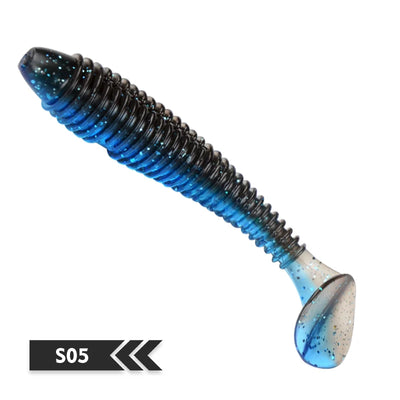 Soft silicone fishing lure, blue and black, T-tail swimbait style, S05 color