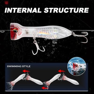 Floating fishing lure, prismatic clear body with red head, treble hooks and split rings