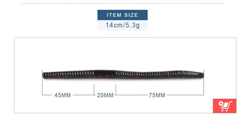 Black silicone worm bait lure with red speckles, long flexible body