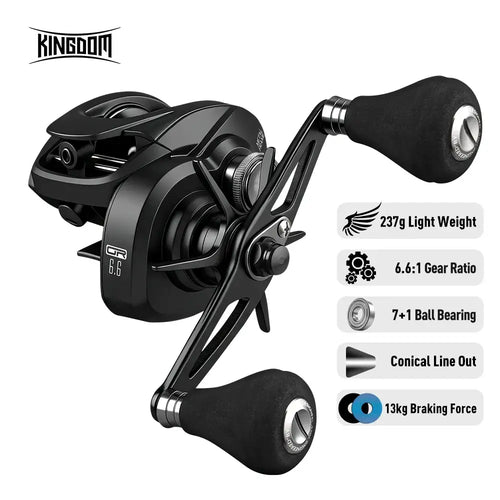Black baitcasting reel with dual handles, 6.6:1 gear ratio and 13kg drag dial