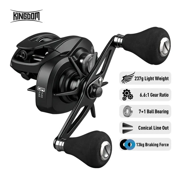 Black baitcasting reel with dual handles, 6.6:1 gear ratio and 13kg drag dial