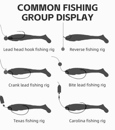 Black soft fishing lure shown with different fishing rig setups