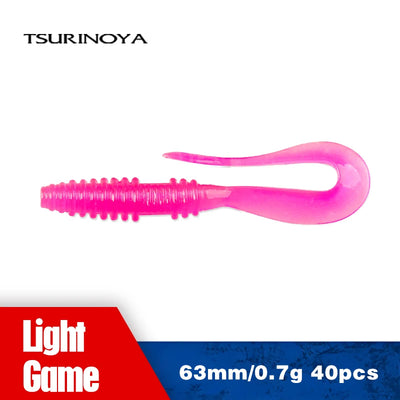 Pink 63mm soft plastic worm lure with ribbed body and curved tail.