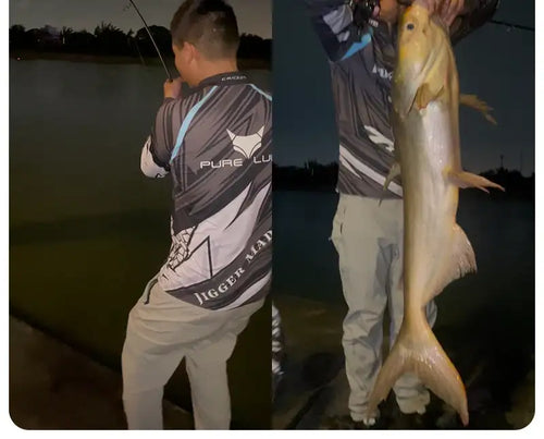 Spinning fishing rod in hand during bass fishing, shown with a large caught fish