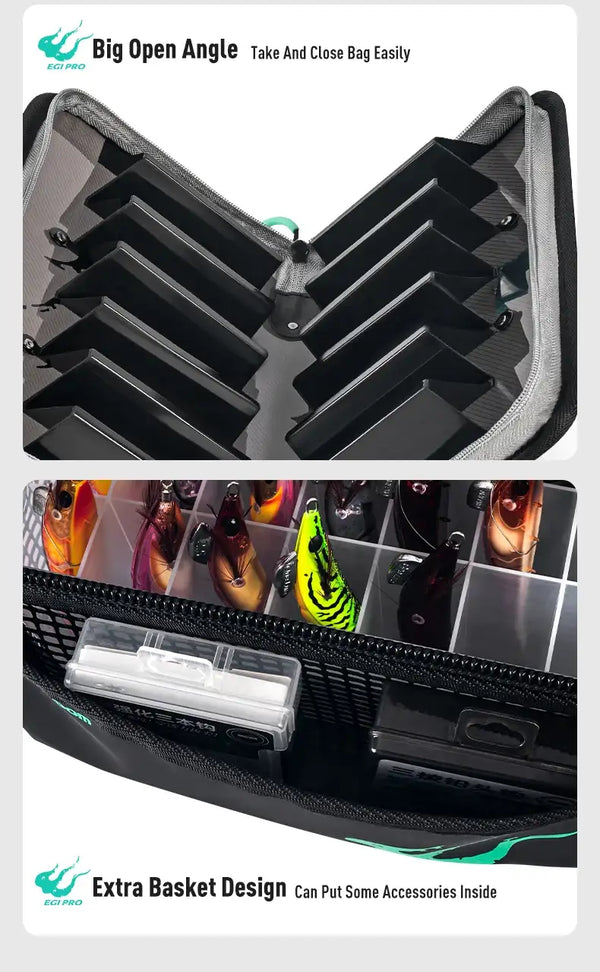 Black egi storage bag open at an angle with extra inner basket compartments