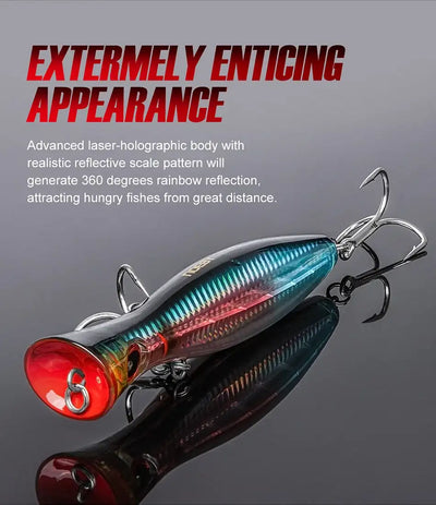 Topwater popper lure, holographic teal-blue body with red mouth and treble hooks