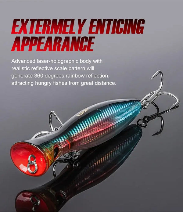 Topwater popper lure, holographic teal-blue body with red mouth and treble hooks