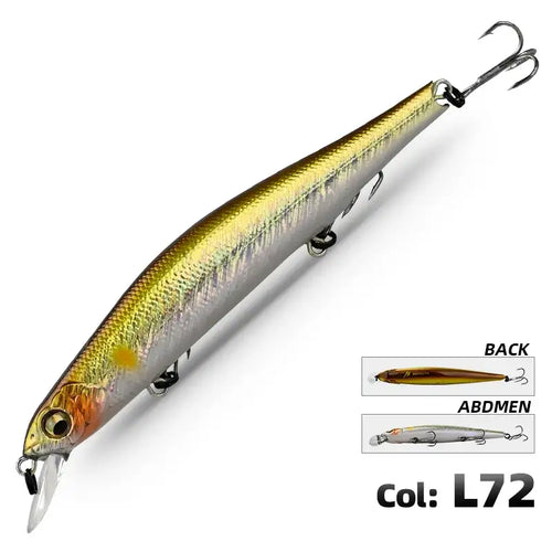Gold and silver minnow fishing lure with dark treble hooks, side view